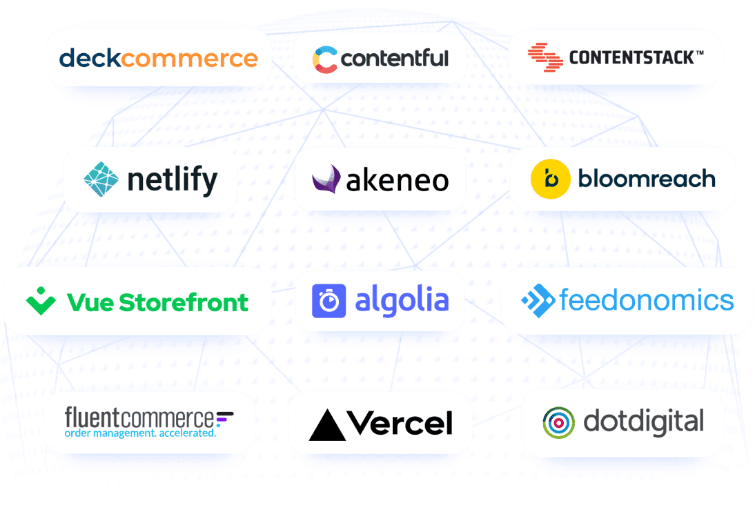 Illustratie Ecosystem Partners Globe DeckCommerce Contentful Contentstack Netlify Akeneo